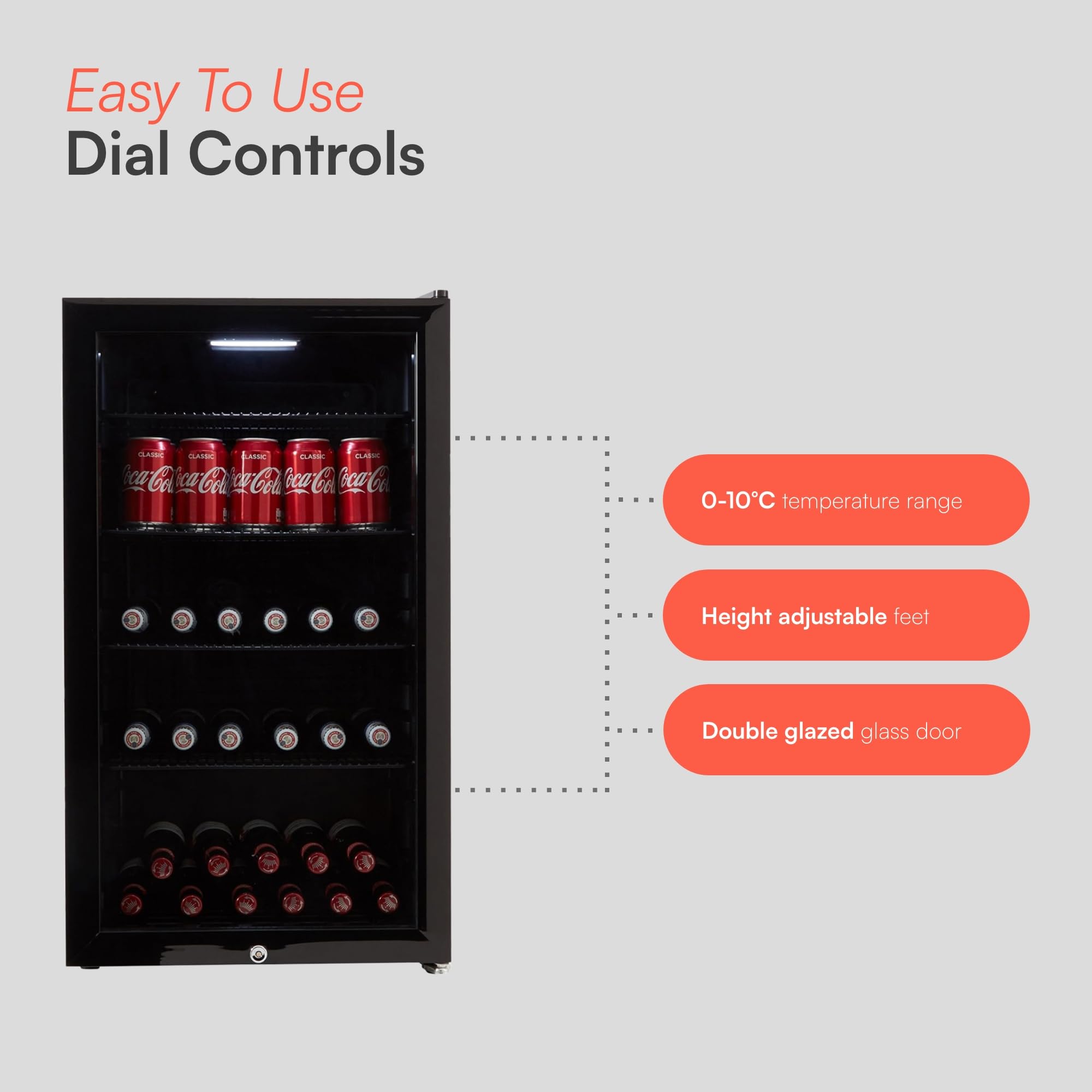 CBC98BK Under-Counter Fridge, 98 Litre Beer, Wine and Drinks Fridge with Adjustable Temperature Control, LED Light, Suitable for Cans and Bottles, Energy Efficient - in Black