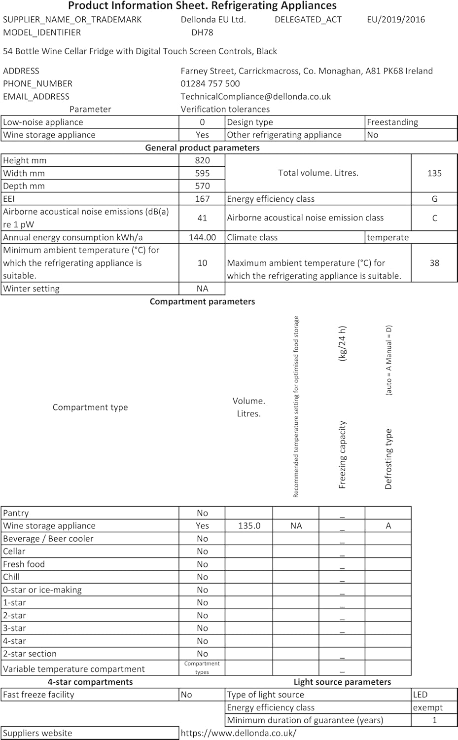 54 Bottle Wine Cellar Fridge with Digital Touch Screen Controls, 135L Capacity Cooler Cabinet, Black - DH78