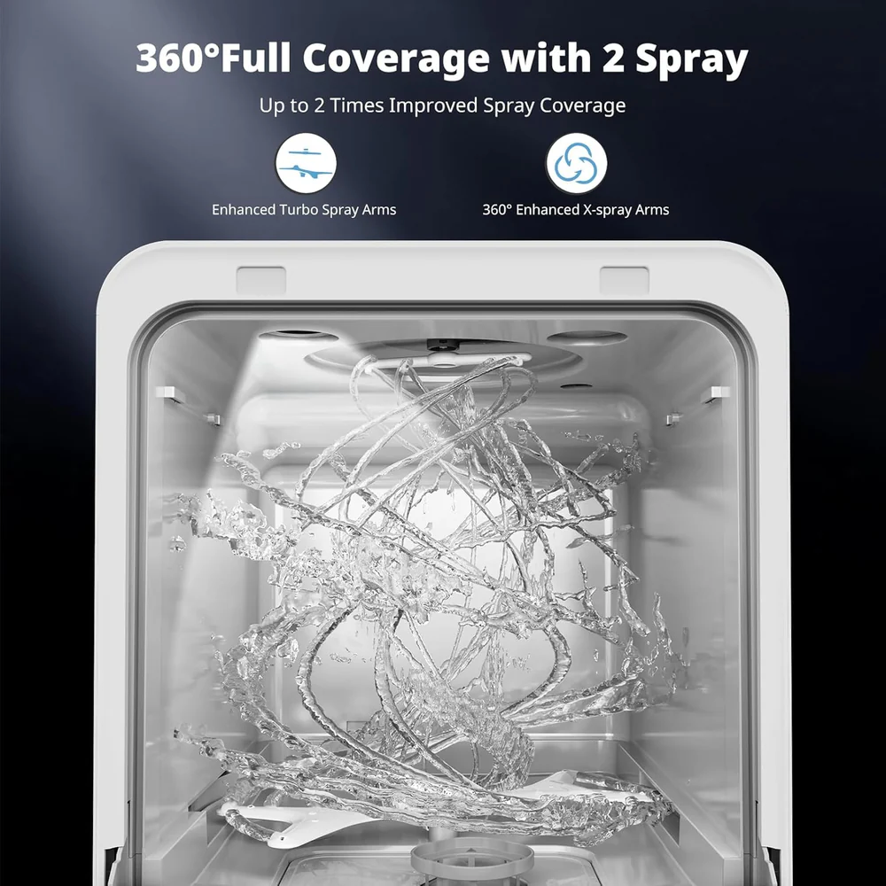 Portable Countertop Dishwasher Mini Dishwasher with 5L Tank, 9 Programs, 37 * 50cm Ultra-Narrow & Deep Design, 1-24H Delay Start & 360° Dual Spray, Hose/No-Hose Setup, White