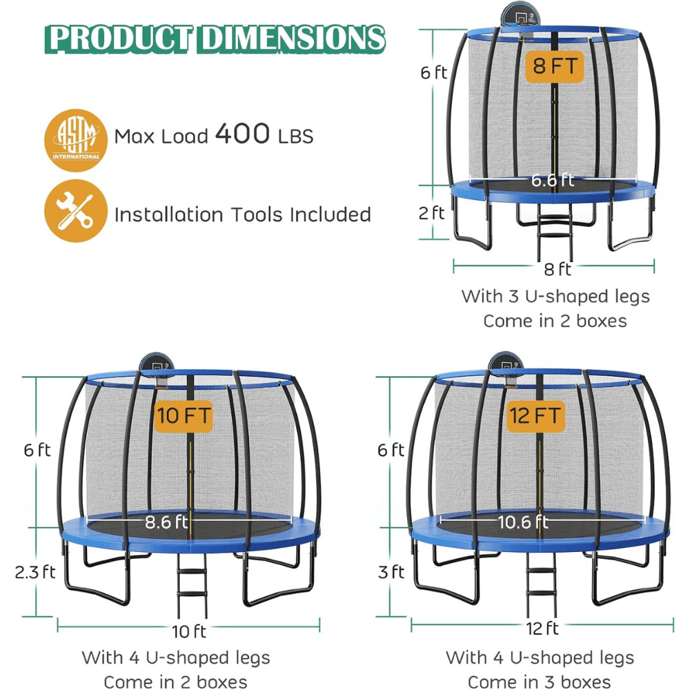 Giantex 8FT 10FT 12FT Trampoline with Enclosure, ASTM Approved Outdoor Large Trampoline with Ladder
