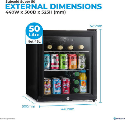 Mini Fridge Black | 50L Beer, Wine & Drinks Fridge | LED Light + Lock & Key | Energy Efficient (Black)