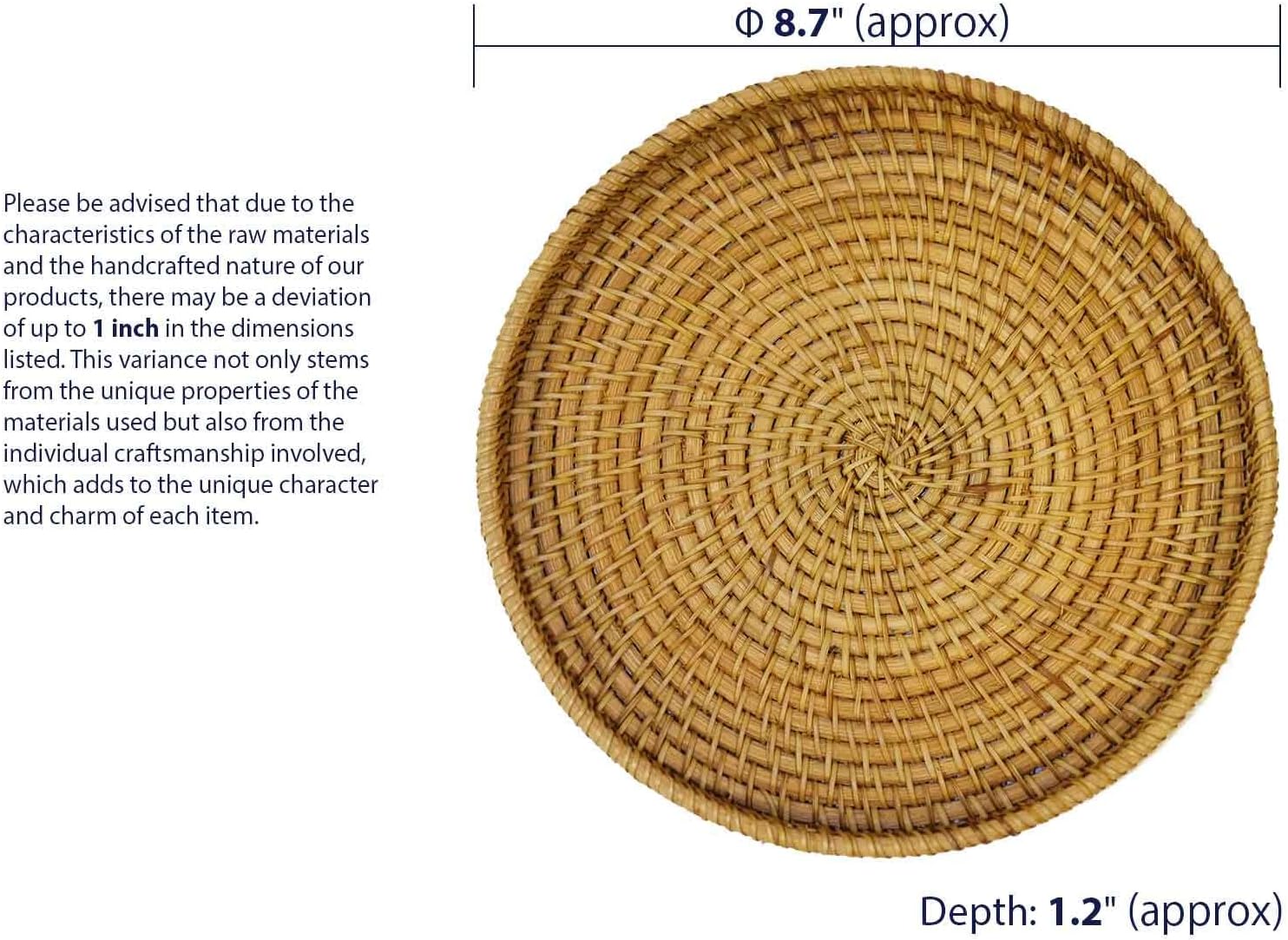 Hand Woven Rattan Serving Basket 8.7 inch - Round Platter for Fruit, Snacks, Appetizers, Bread, Breakfast, BBQs, Parties - Decorative Tray for Living Room, Kitchen, Dining Decor (Small)