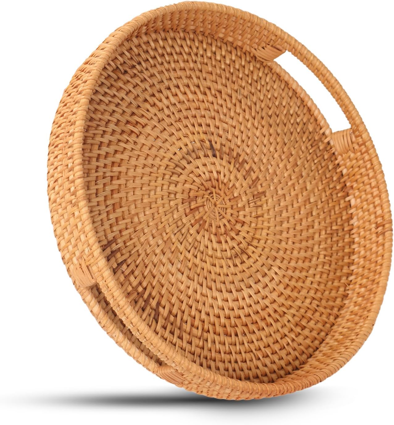 Round Rattan Serving Tray with Handles, Natural Wicker Decorative Tray for Serving, Fruit/Bread Serving Basket, Round Woven Tray，11.8 inch, Gift Idea Choice (11.8")