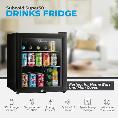 Mini Fridge Black | 50L Beer, Wine & Drinks Fridge | LED Light + Lock & Key | Energy Efficient (Black)