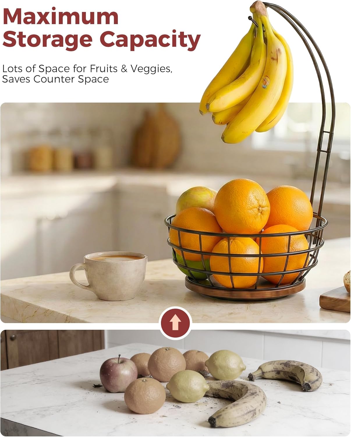 Sevenblue 360°Rotating Fruit Basket for Kitchen Counter with Upgraded Banana Hanger, 2026 Pro Metal Countertop Fruit and Vegetable Basket Bowl Storage with Wooden Non-Slip Base, Black