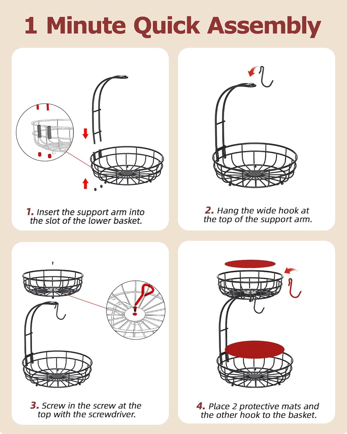 Sevenblue 2 Tier Large Fruit Basket for Kitchen Counter with Removable Banana Hanger - Sturdy Iron Fruit Bowl for Kitchen Counter and Vegetable Holder, Fruit Holder for Kitchen Countertop, Black