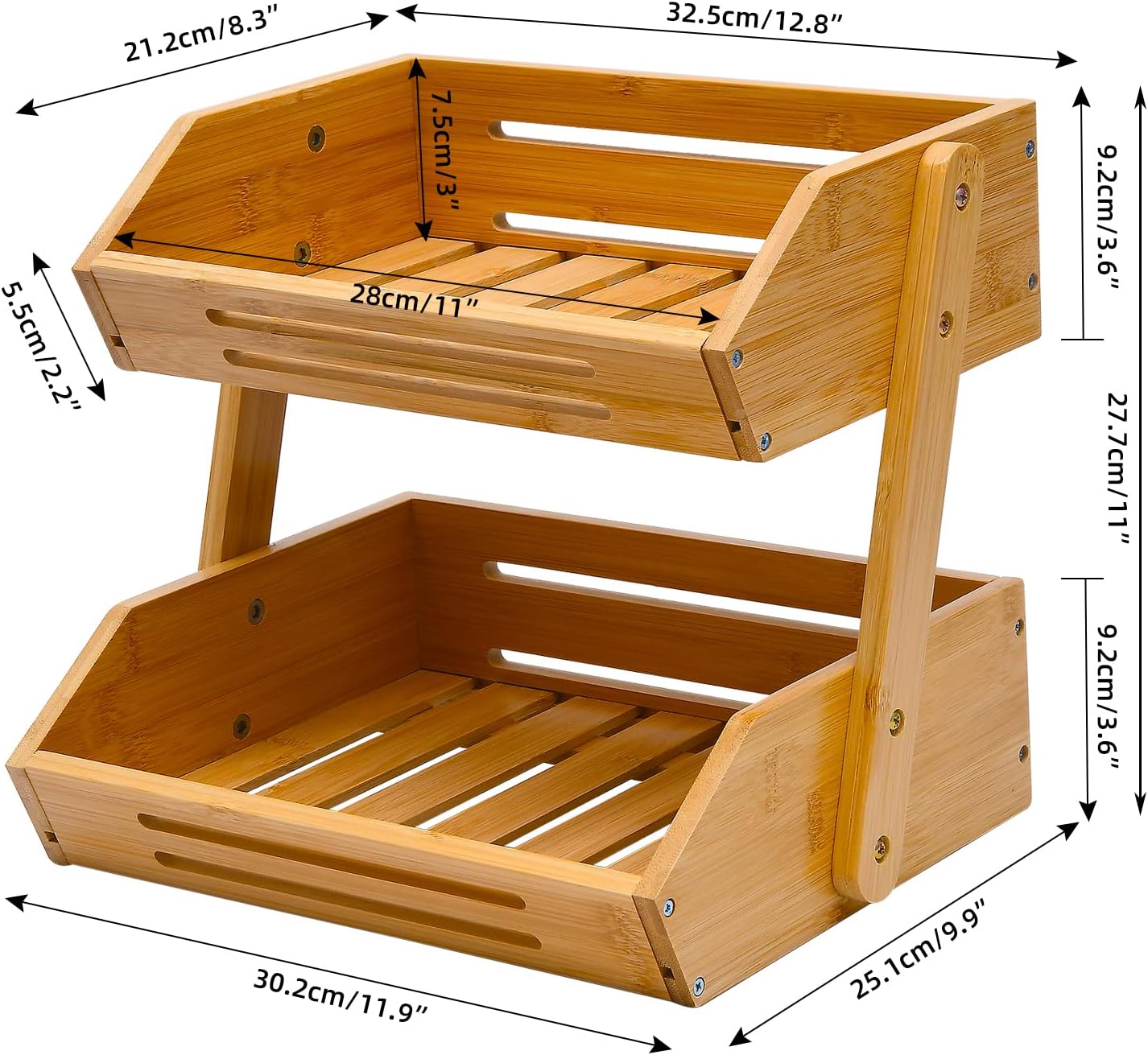 VIKEYHOME Fruit Basket, 2 Tier Bamboo Fruit Basket for Kitchen, 11" Tall Fruit Stand Storage Holder, Heavy Duty/Large Capacity for Vegetables, Fruit, and Snack, 15 mm Thickness (Self-assembly)