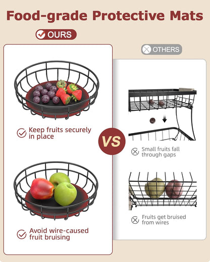 Sevenblue 2 Tier Large Fruit Basket for Kitchen Counter with Removable Banana Hanger - Sturdy Iron Fruit Bowl for Kitchen Counter and Vegetable Holder, Fruit Holder for Kitchen Countertop, Black