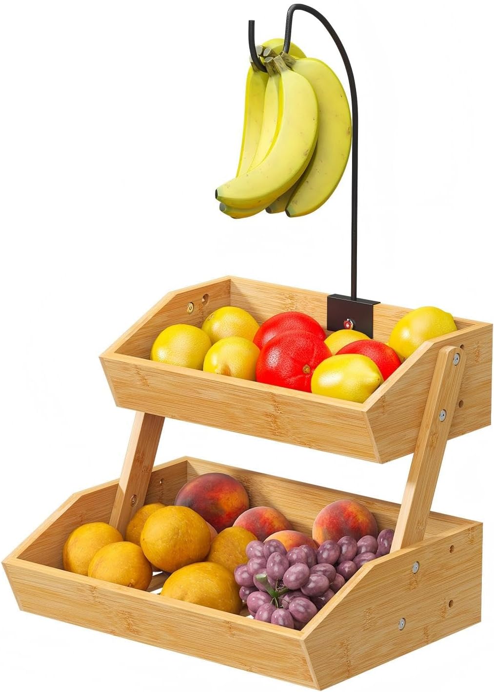 2-Tier Fruit Basket with Banana Holder – Fruit Bowl for Kitchen Counter, Wooden Kitchen Organizer for Fruit, Produce & Snacks, Banana Hook