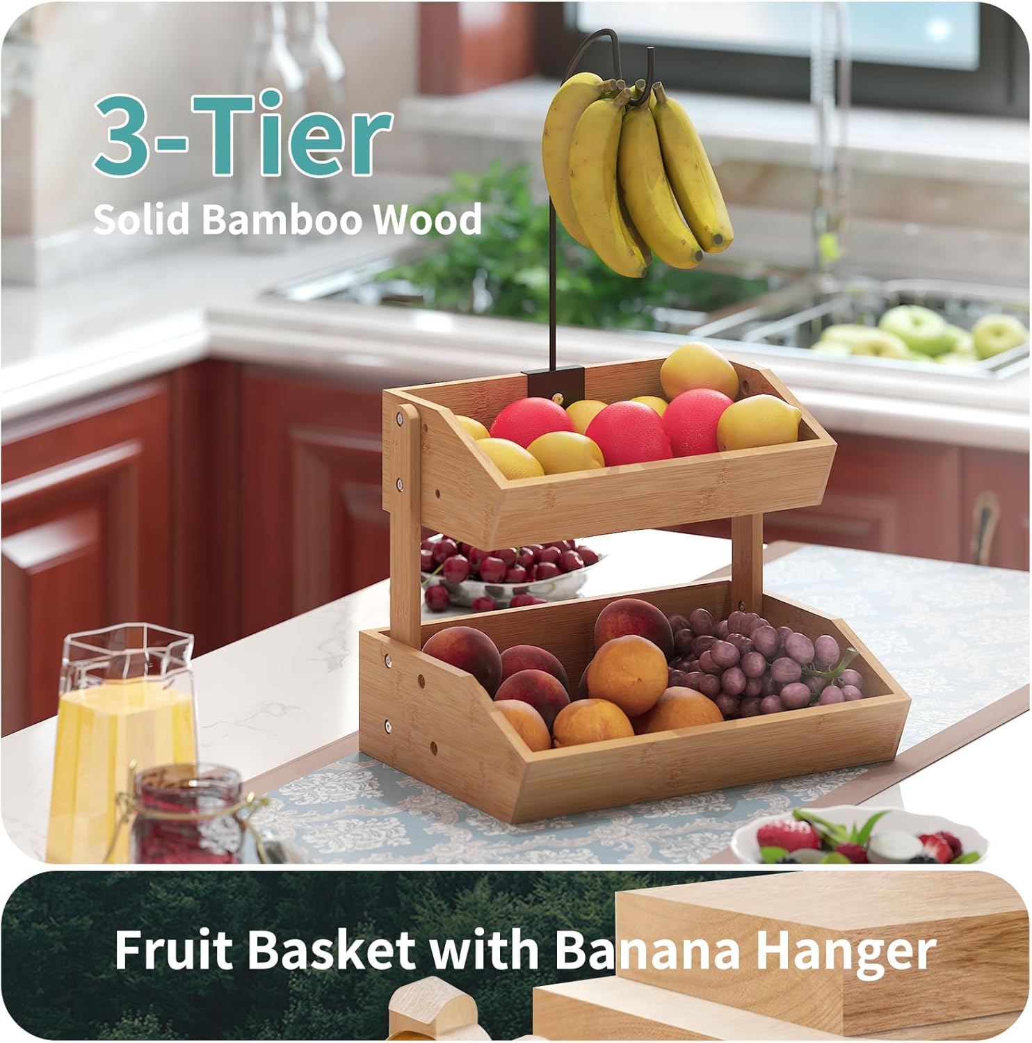 2-Tier Fruit Basket with Banana Holder – Fruit Bowl for Kitchen Counter, Wooden Kitchen Organizer for Fruit, Produce & Snacks, Banana Hook