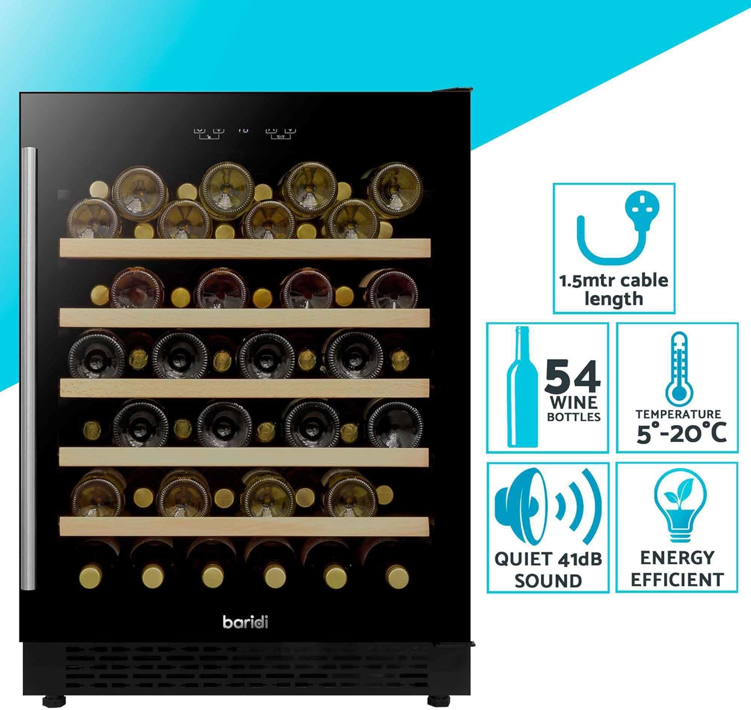 54 Bottle Wine Cellar Fridge with Digital Touch Screen Controls, 135L Capacity Cooler Cabinet, Black - DH78