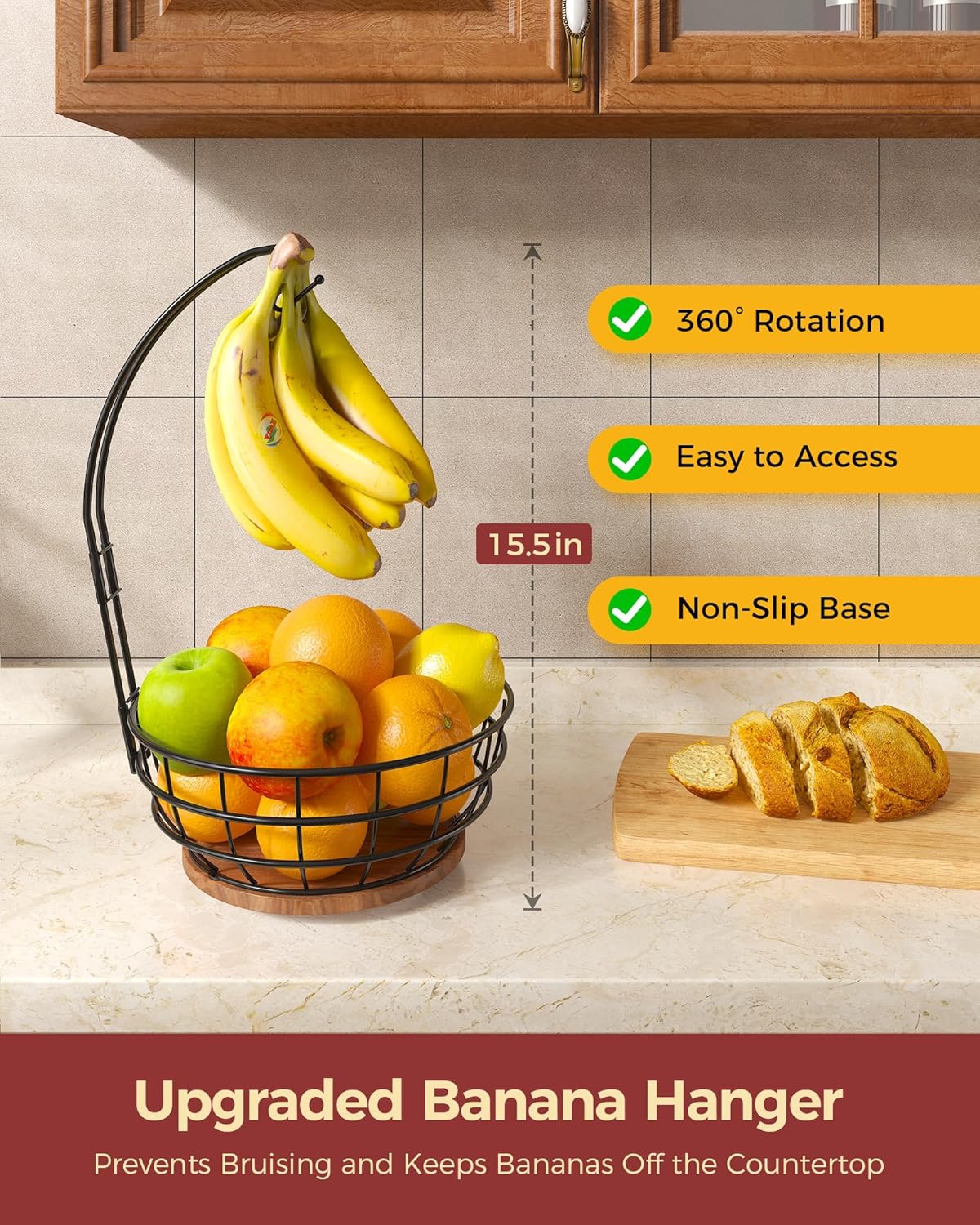 Sevenblue 360°Rotating Fruit Basket for Kitchen Counter with Upgraded Banana Hanger, 2026 Pro Metal Countertop Fruit and Vegetable Basket Bowl Storage with Wooden Non-Slip Base, Black