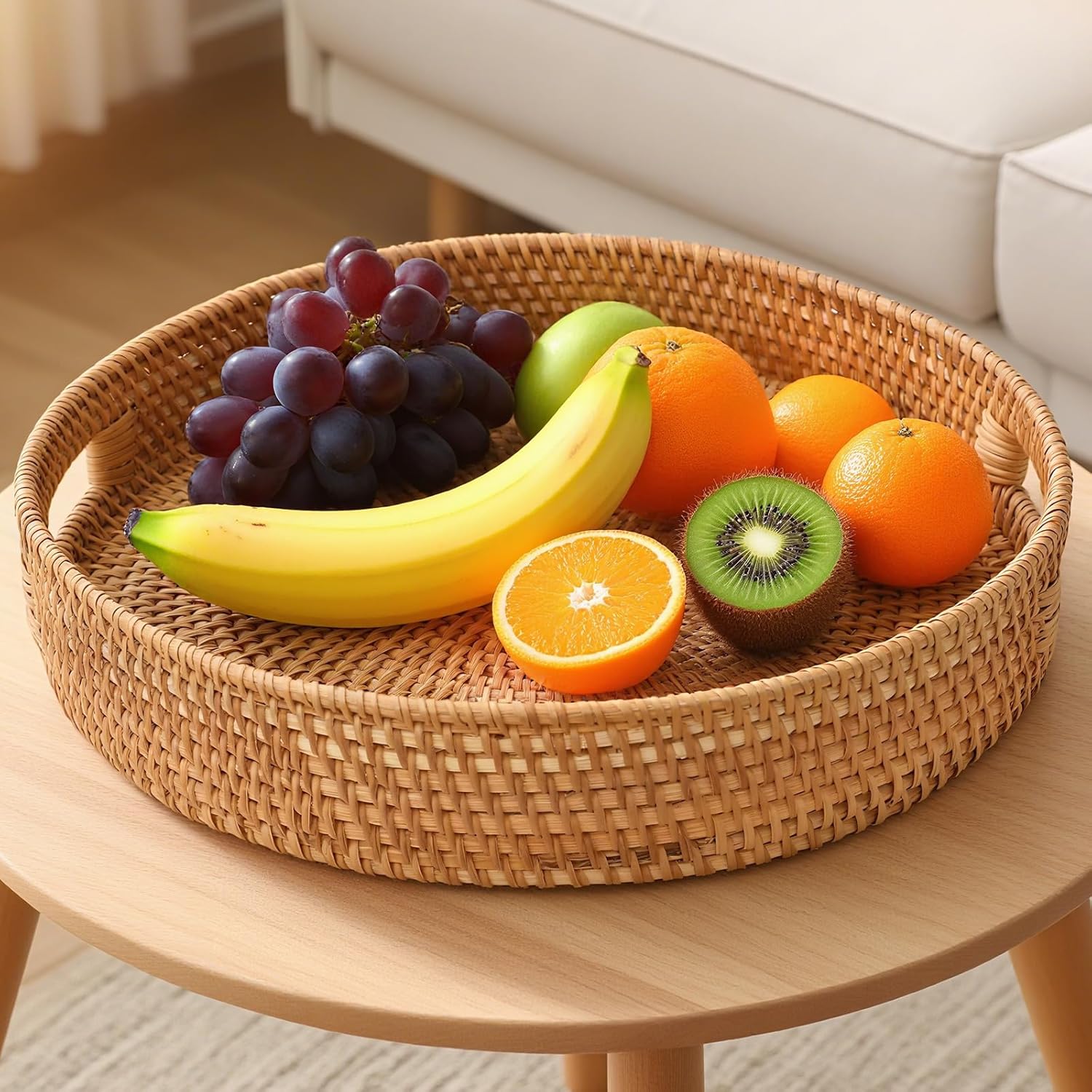 Round Rattan Serving Tray with Handles, Natural Wicker Decorative Tray for Serving, Fruit/Bread Serving Basket, Round Woven Tray，11.8 inch, Gift Idea Choice (11.8")