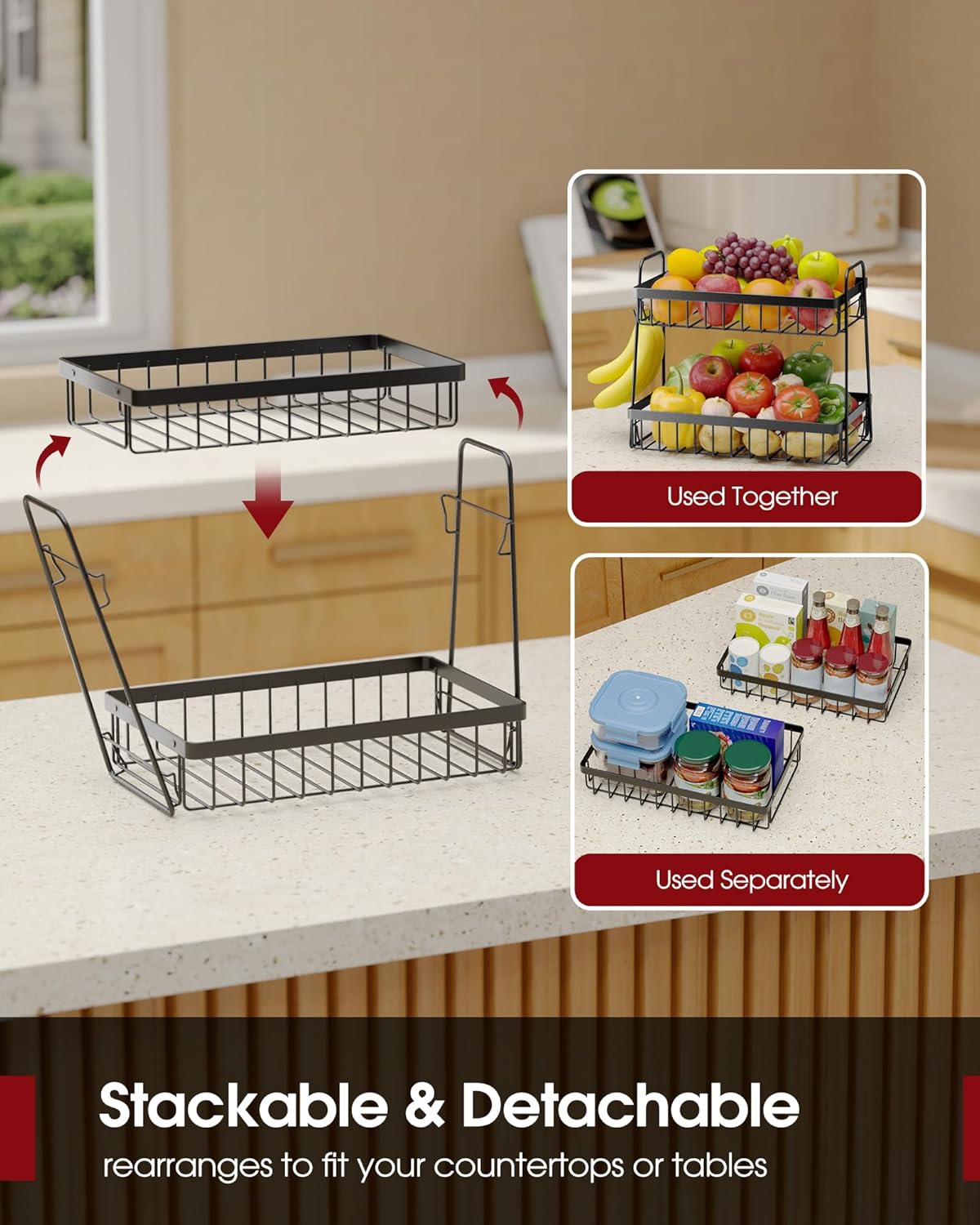 Sakugi Fruit Basket for Kitchen Counter - 2-Tier Fruit Bowl with Removable Banana Hanger & Handles, Rustproof Fruit Holder for Kitchen, Living Room, Bathroom, 13.4"×8.7"×11.7", Black