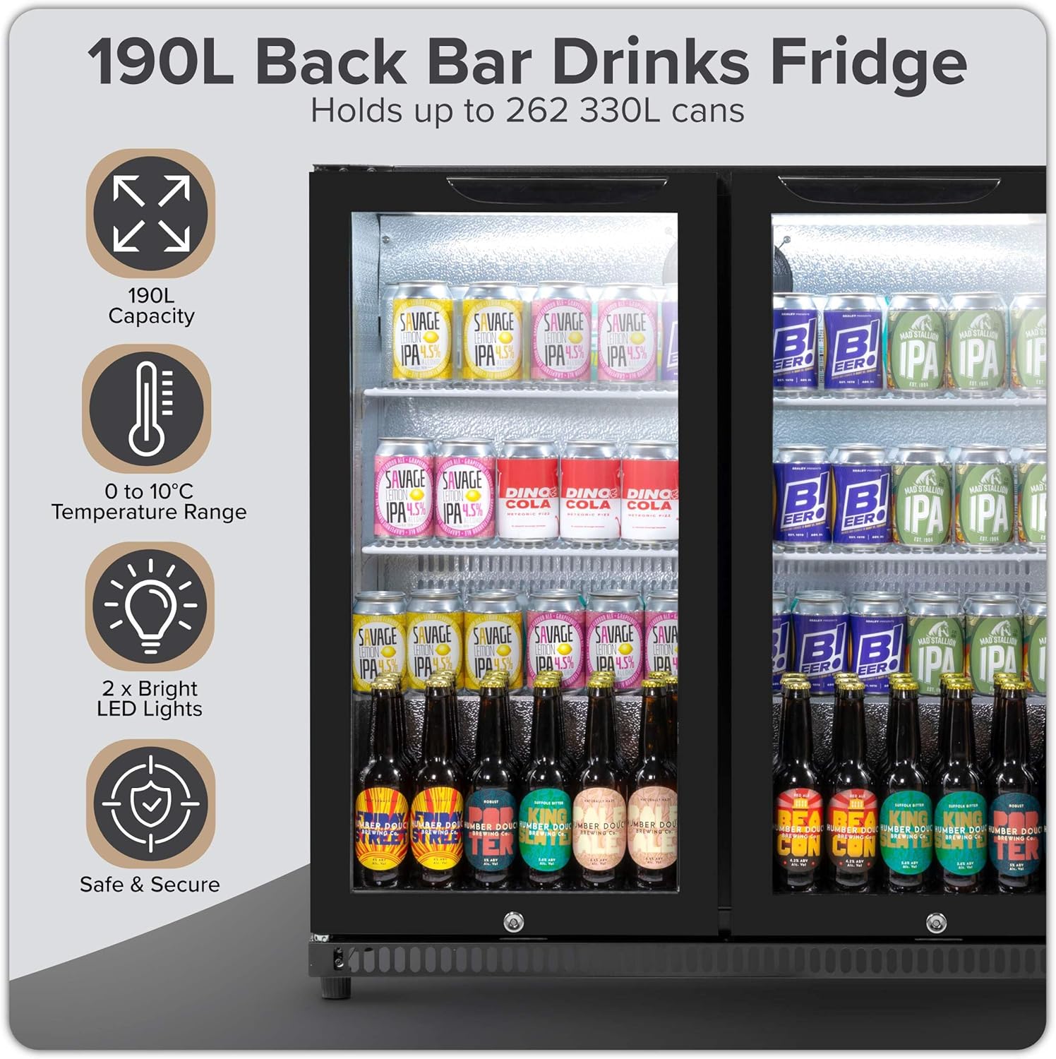 Back Bar Drinks Fridge with Hinged Double Door, 190L Capacity - DH272