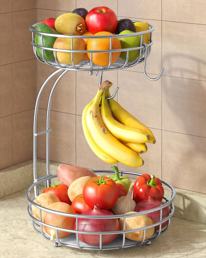 Sevenblue 2 Tier Large Fruit Basket for Kitchen Counter with Removable Banana Hanger - Sturdy Iron Fruit Bowl for Kitchen Counter and Vegetable Holder, Fruit Holder for Kitchen Countertop, Black