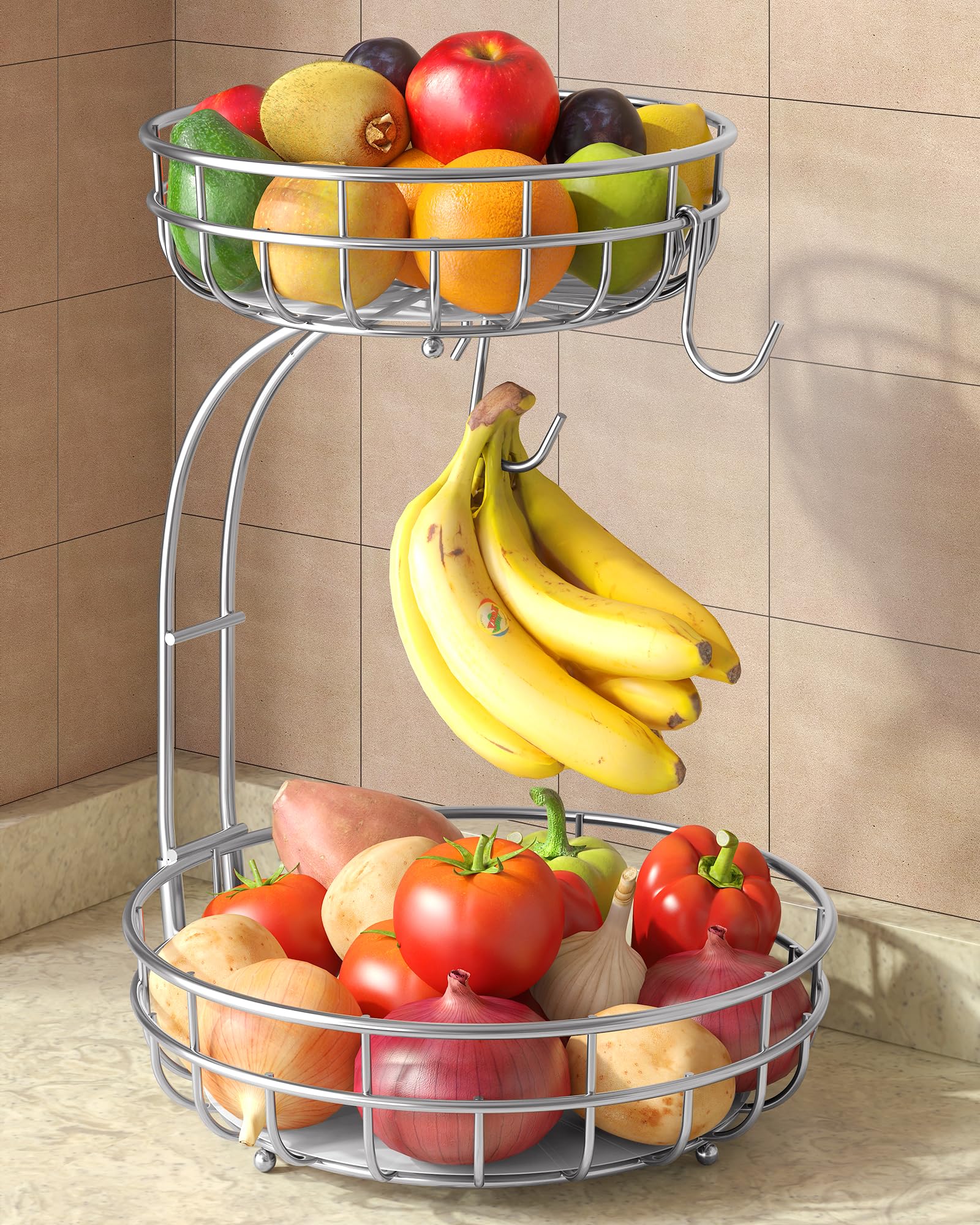 Sevenblue 2 Tier Large Fruit Basket for Kitchen Counter with Removable Banana Hanger - Sturdy Iron Fruit Bowl for Kitchen Counter and Vegetable Holder, Fruit Holder for Kitchen Countertop, Black