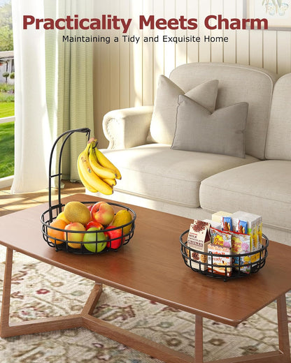 Sevenblue 2 Tier Large Fruit Basket for Kitchen Counter with Removable Banana Hanger - Sturdy Iron Fruit Bowl for Kitchen Counter and Vegetable Holder, Fruit Holder for Kitchen Countertop, Black