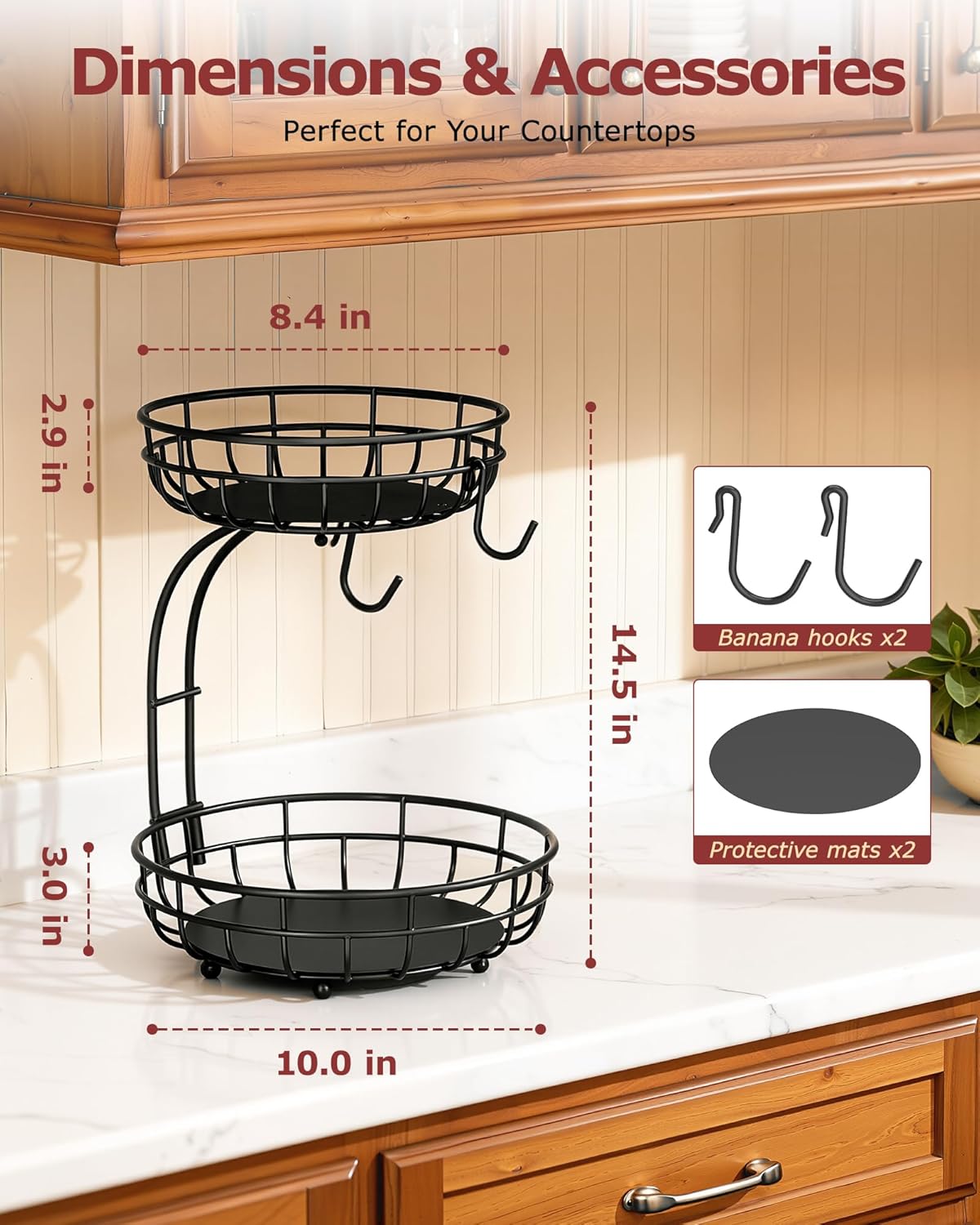 Sevenblue 2 Tier Large Fruit Basket for Kitchen Counter with Removable Banana Hanger - Sturdy Iron Fruit Bowl for Kitchen Counter and Vegetable Holder, Fruit Holder for Kitchen Countertop, Black
