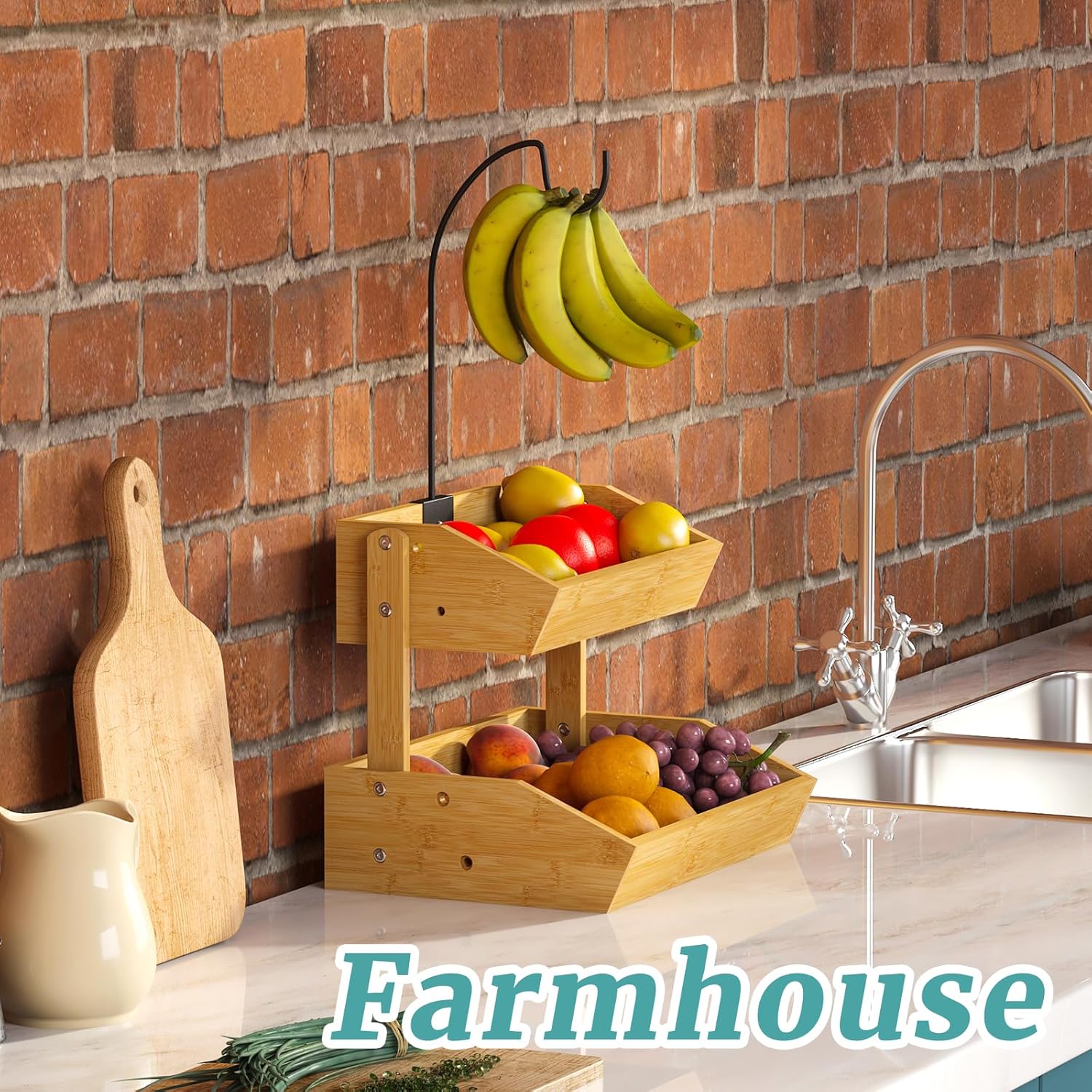 2-Tier Fruit Basket with Banana Holder – Fruit Bowl for Kitchen Counter, Wooden Kitchen Organizer for Fruit, Produce & Snacks, Banana Hook
