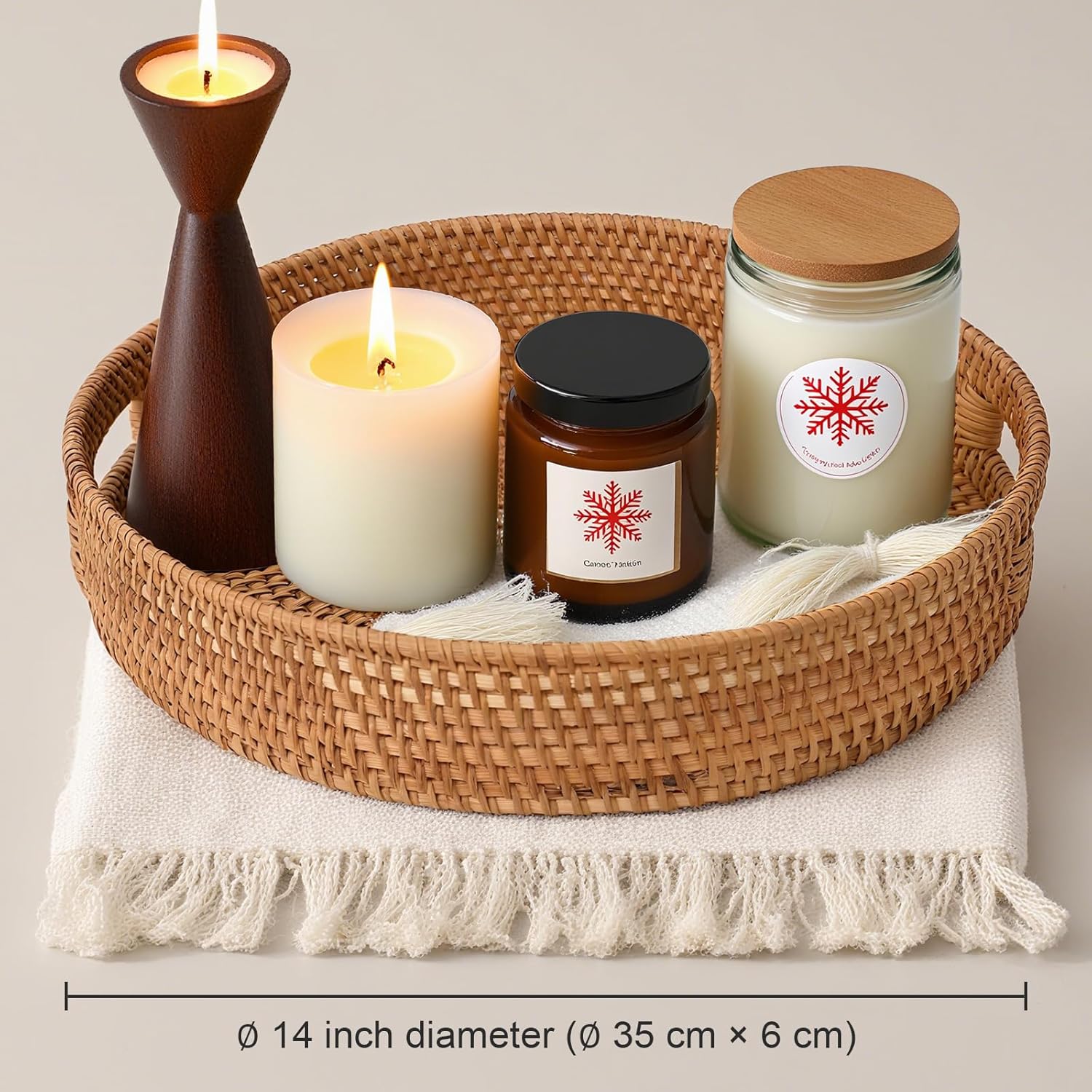 Round Rattan Serving Tray with Handles, Natural Wicker Decorative Tray for Serving, Fruit/Bread Serving Basket, Round Woven Tray，11.8 inch, Gift Idea Choice (11.8")