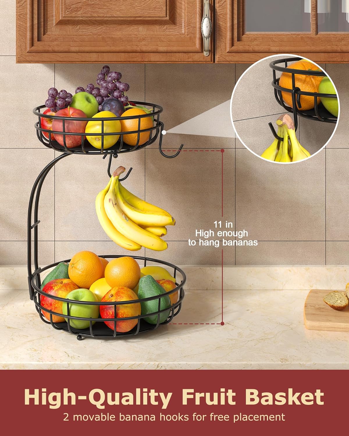 Sevenblue 2 Tier Large Fruit Basket for Kitchen Counter with Removable Banana Hanger - Sturdy Iron Fruit Bowl for Kitchen Counter and Vegetable Holder, Fruit Holder for Kitchen Countertop, Black