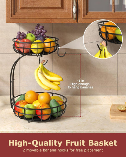 Sevenblue 2 Tier Large Fruit Basket for Kitchen Counter with Removable Banana Hanger - Sturdy Iron Fruit Bowl for Kitchen Counter and Vegetable Holder, Fruit Holder for Kitchen Countertop, Black