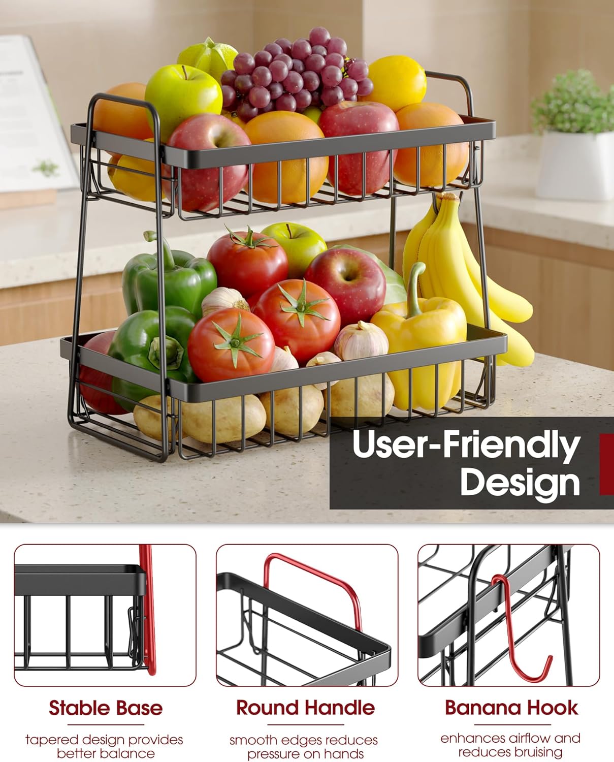 Sakugi Fruit Basket for Kitchen Counter - 2-Tier Fruit Bowl with Removable Banana Hanger & Handles, Rustproof Fruit Holder for Kitchen, Living Room, Bathroom, 13.4"×8.7"×11.7", Black