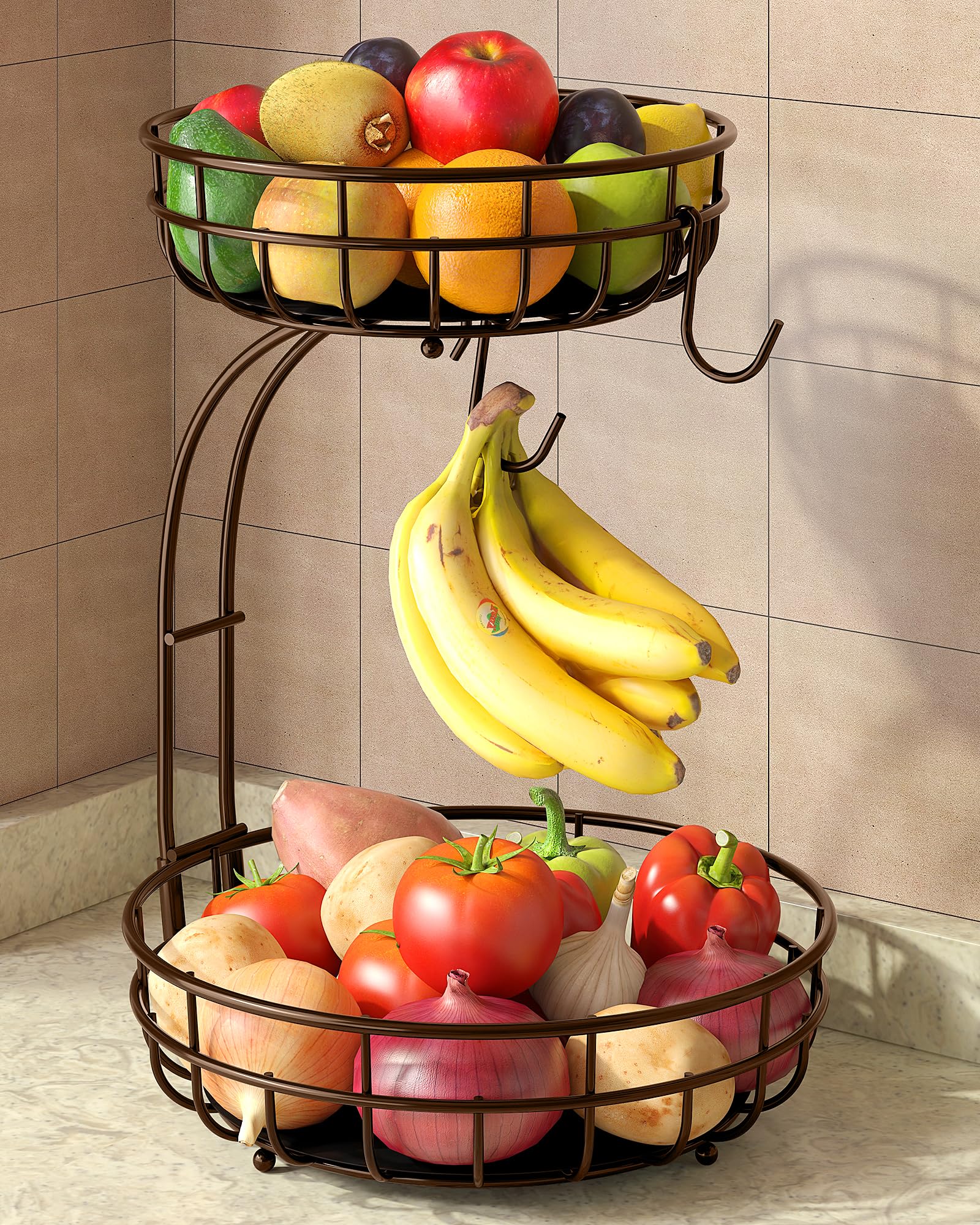 Sevenblue 2 Tier Large Fruit Basket for Kitchen Counter with Removable Banana Hanger - Sturdy Iron Fruit Bowl for Kitchen Counter and Vegetable Holder, Fruit Holder for Kitchen Countertop, Black