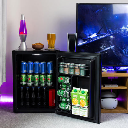 Mini Fridge 50L with Glass Door – Quiet Drinks & Beer Cooler with LED Light | Compact Small Fridge for Bedrooms, Gaming Rooms, Man Caves, Offices & Home Bars – Energy Efficient