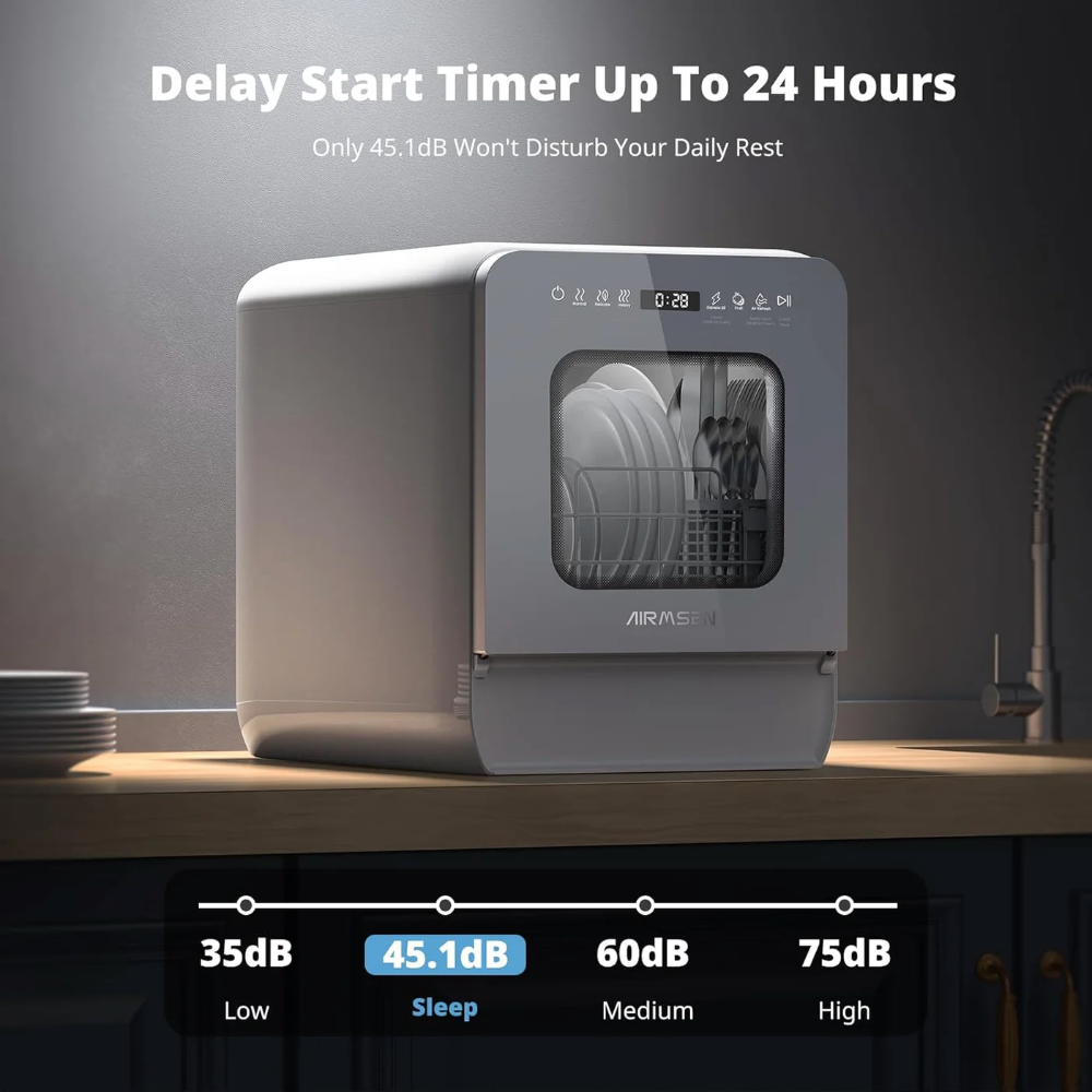 Portable Countertop Dishwasher Mini Dishwasher with 5L Tank, 9 Programs, 37 * 50cm Ultra-Narrow & Deep Design, 1-24H Delay Start & 360° Dual Spray, Hose/No-Hose Setup, White