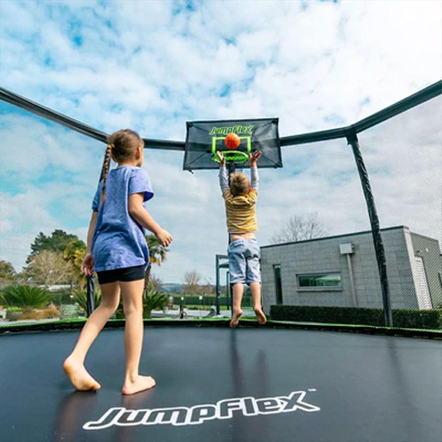 JumpFlex HERO 14 Backyard Outdoor Trampoline for Kids with Net &amp; Ladder