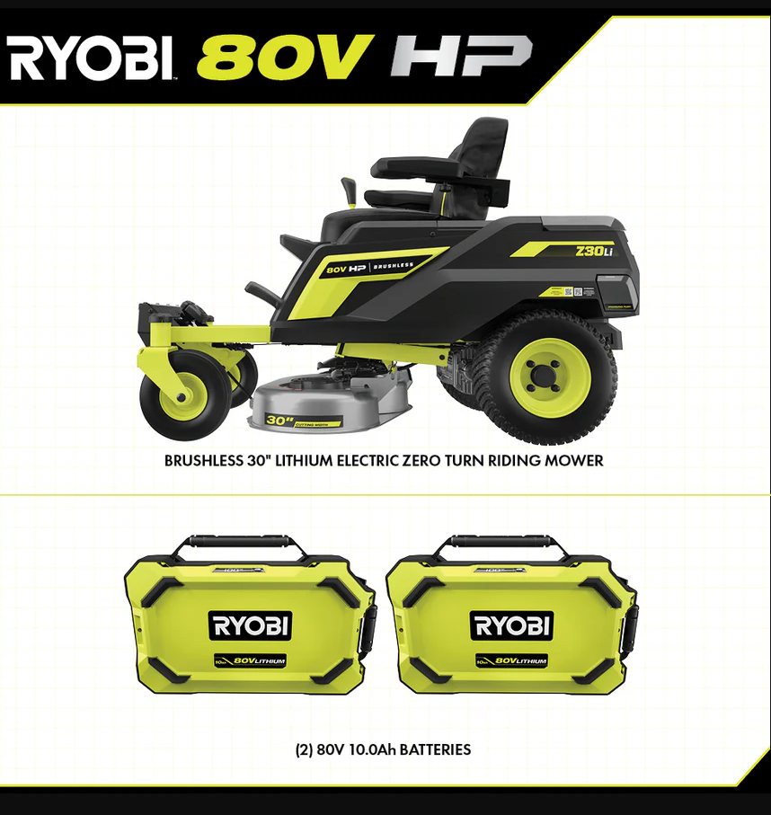 RYOBI 80V HP Brushless 30 in. Battery Electric Cordless Zero Turn Mower with 80V 10 Ah Batteries